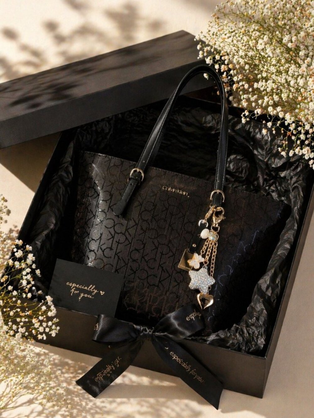 Calvin Klein Brown Tote Handbag + Gold Bag Charm — MSRP $168